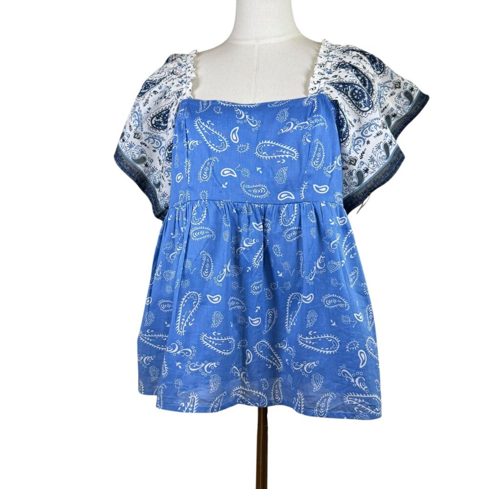 En Creme Blue Paisley Bandana Peplum Top Large Boho Smocked Flutter Sleeve